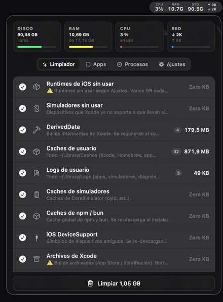Panel de DevToolbox abierto desde la barra de menús, con las métricas del sistema y la lista de categorías que ocupan espacio.