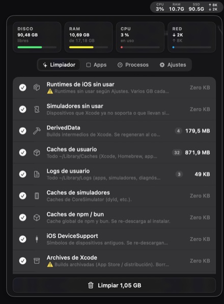 Panel de DevToolbox abierto desde la barra de menús, con las métricas del sistema y la lista de categorías que ocupan espacio.